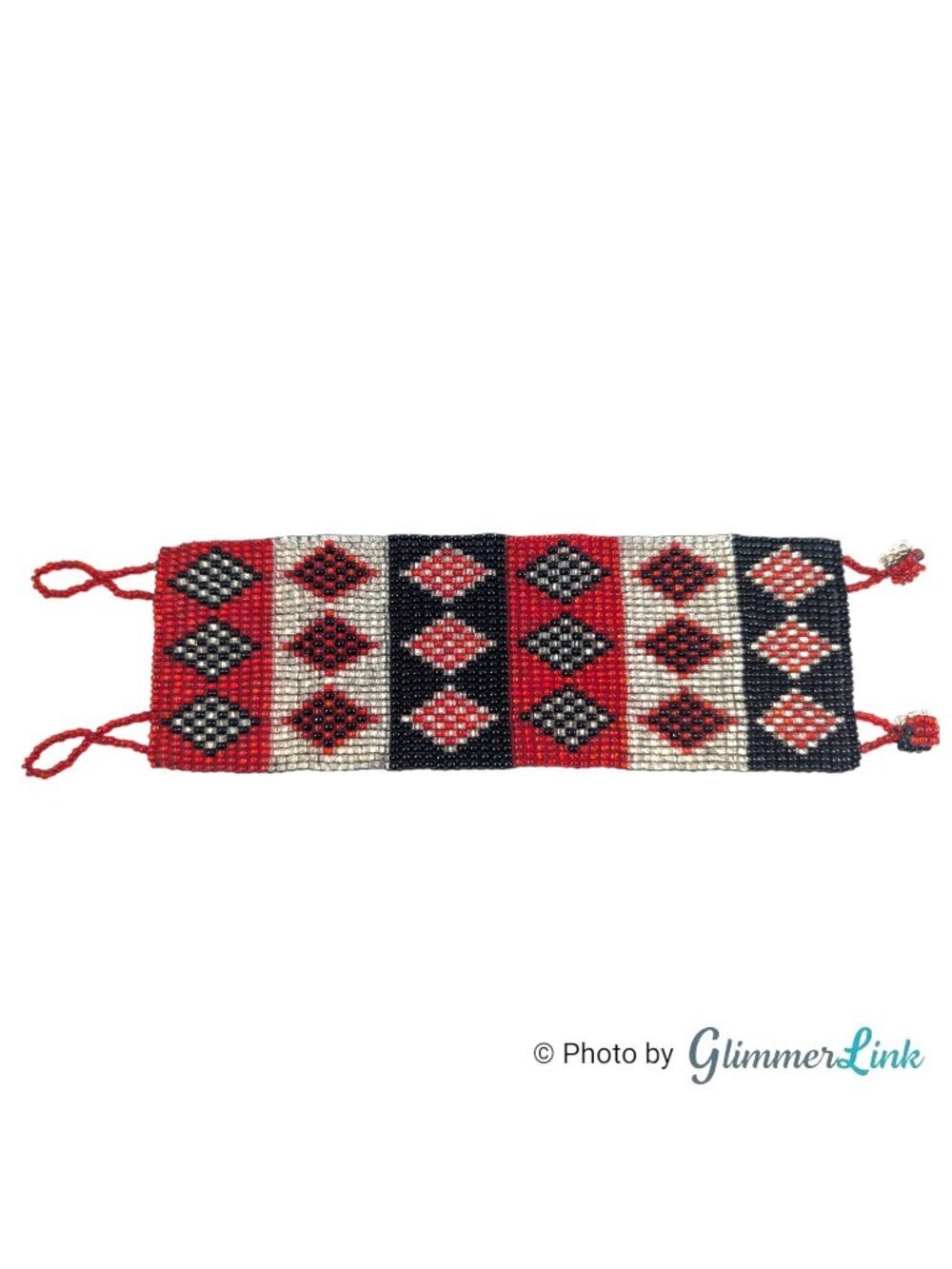 Seed Bead Cuff Bracelet Red Black Geometric Wide 2 Inch Handmade